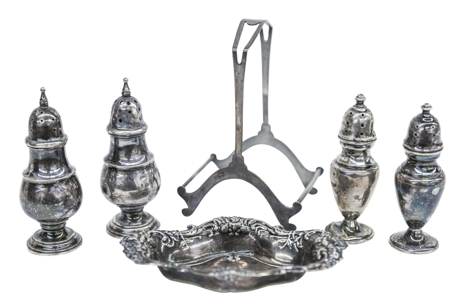 Assembled Sterling Salts, Stand & Pin Holder: Four salts, Webster stand and repusse border pin holder. 3.475ozt