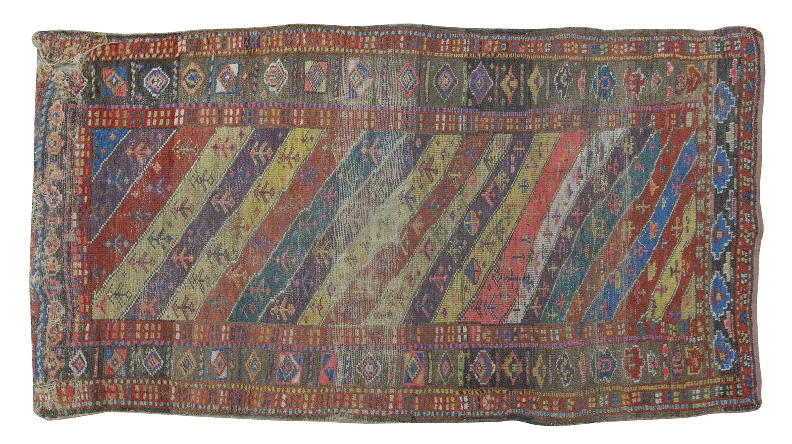 19th Century Shirvan Caucasian: All over garden design over multi colored field with red and brown borders. 4' 2" x 7' 5"