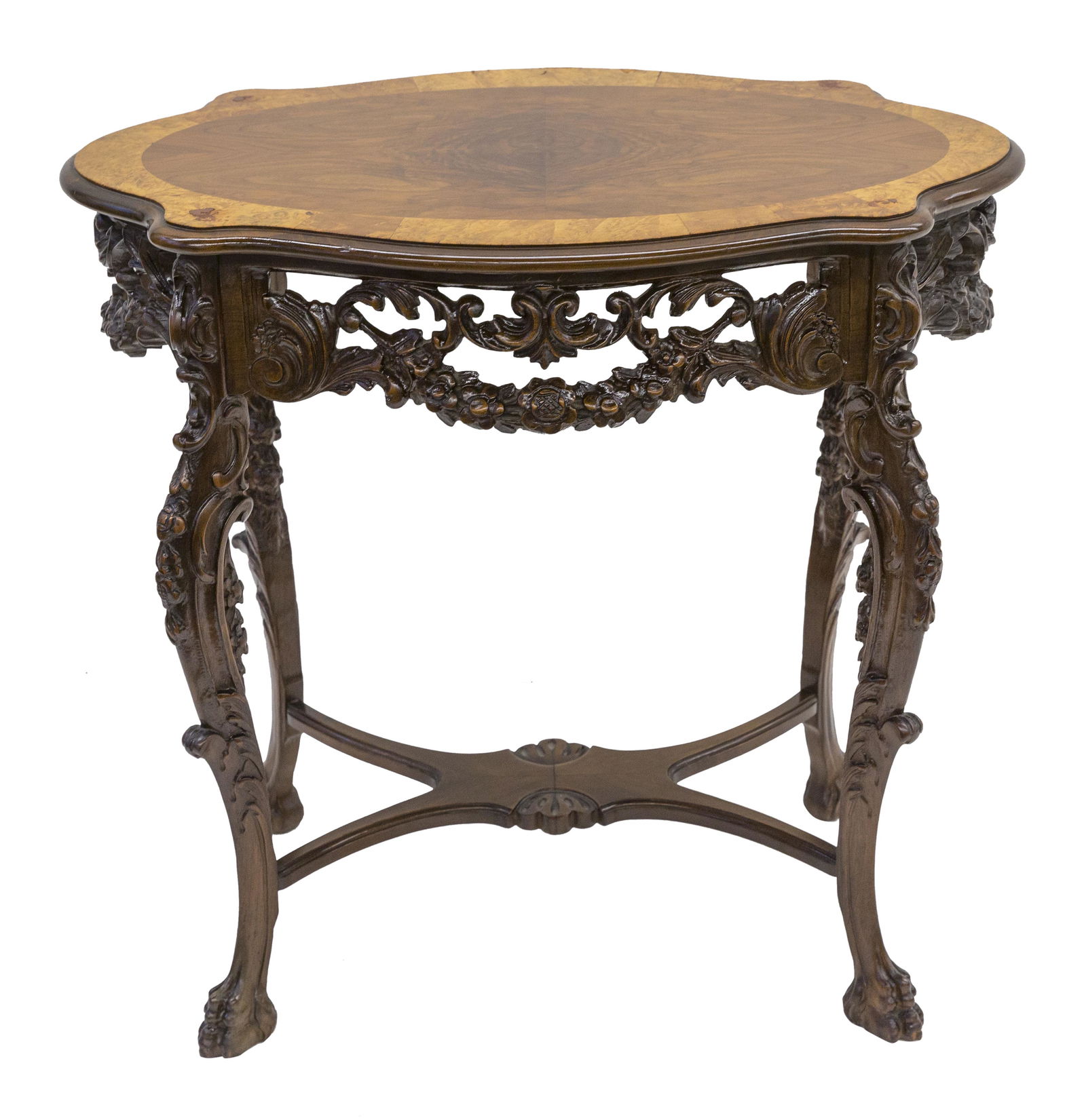 Heavily Carved Burled Walnut Turtle Top Parlor Table (1 of 16)