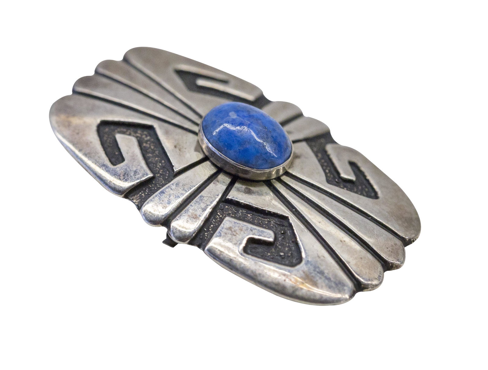 Tommy Rose Singer Sterling & Lapis Bolo: Sterling & overlaid sterling bolo with lapis center stone. Signed R. Singer. Total weight 15.6 grams 10 dwt.