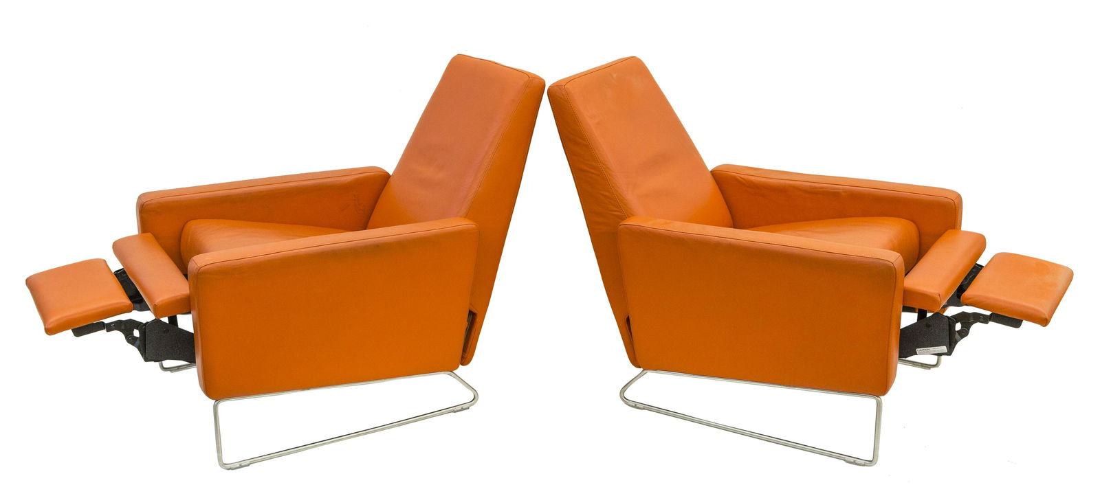 Jeffery Bernett & Nicholas Dodziuk Flight Recliners: Flight recliner, pair, design within reach, compact recliner that looks like lounge chairs, leather, stainless steel. 28w x 63d x 37h, SH-18h