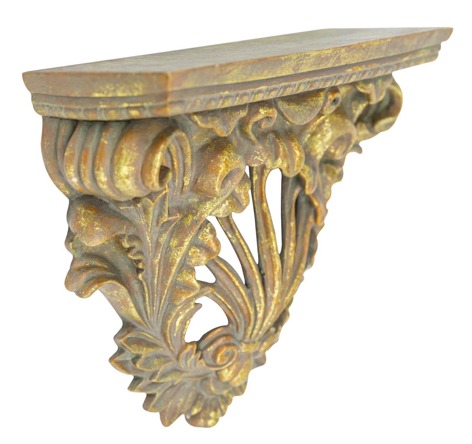 Cast Gilded Neoclassical Metal Wall Shelf: Rectangular top with gadroon apron over a scrolled acanthus and gilded leaf base. Attributed to Chelsea House. 14 1/4w x 4 3/4d x 12 1/2h