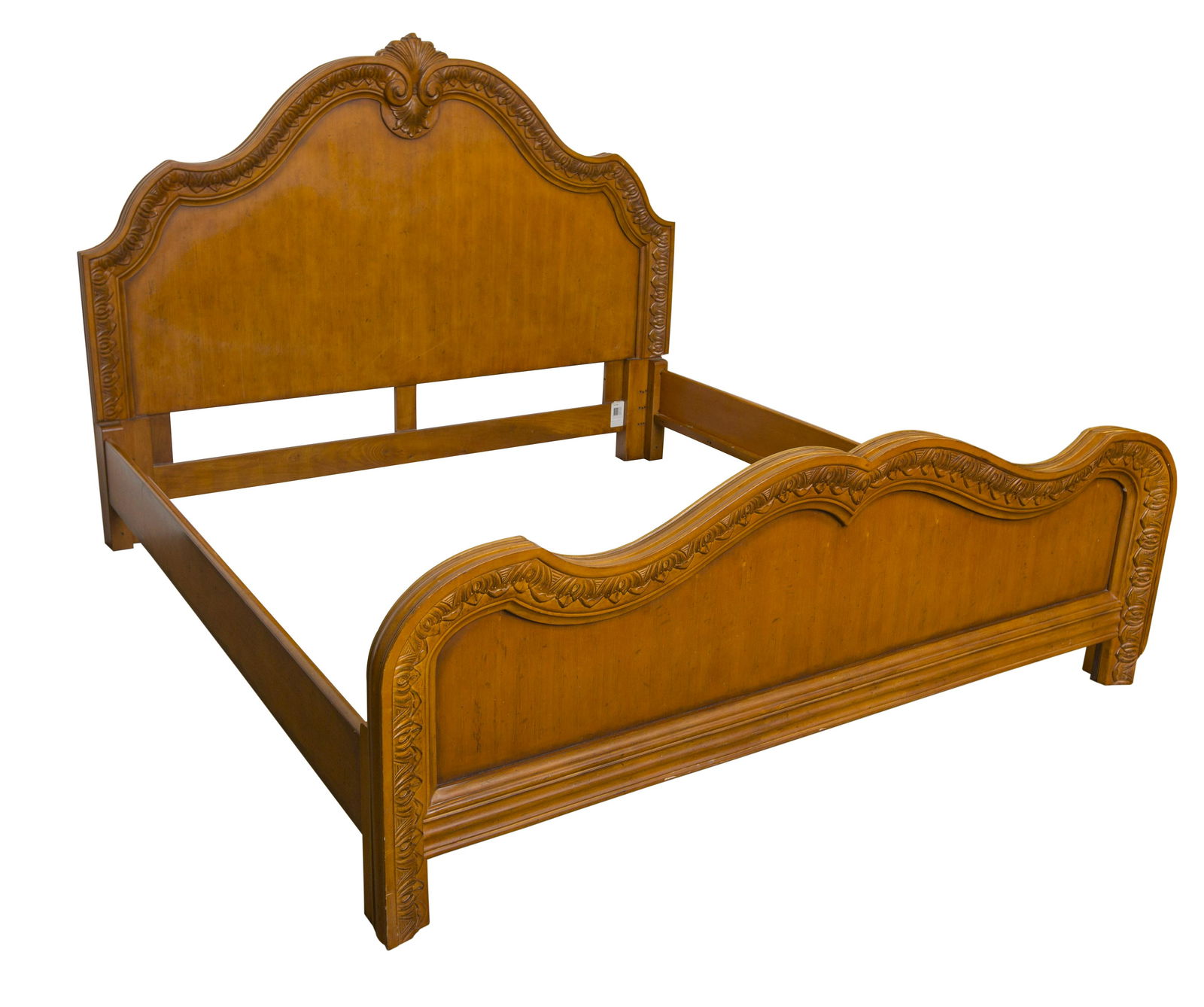 Century Furniture King Size Bed: Scalloped top with embossed shell center and molded borders. Headboard: 82 3/4W X 62 1/2H. Footboard: 82 3/4W X 30 1/2H.