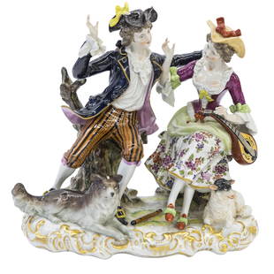 Ernst Bohne Sohne/ Volkstedt Porcelain Group: German porcelain group pf couple sitting on stumps with animals and mandolin. #9061. Signed to verso. 10w x 6d x 9h