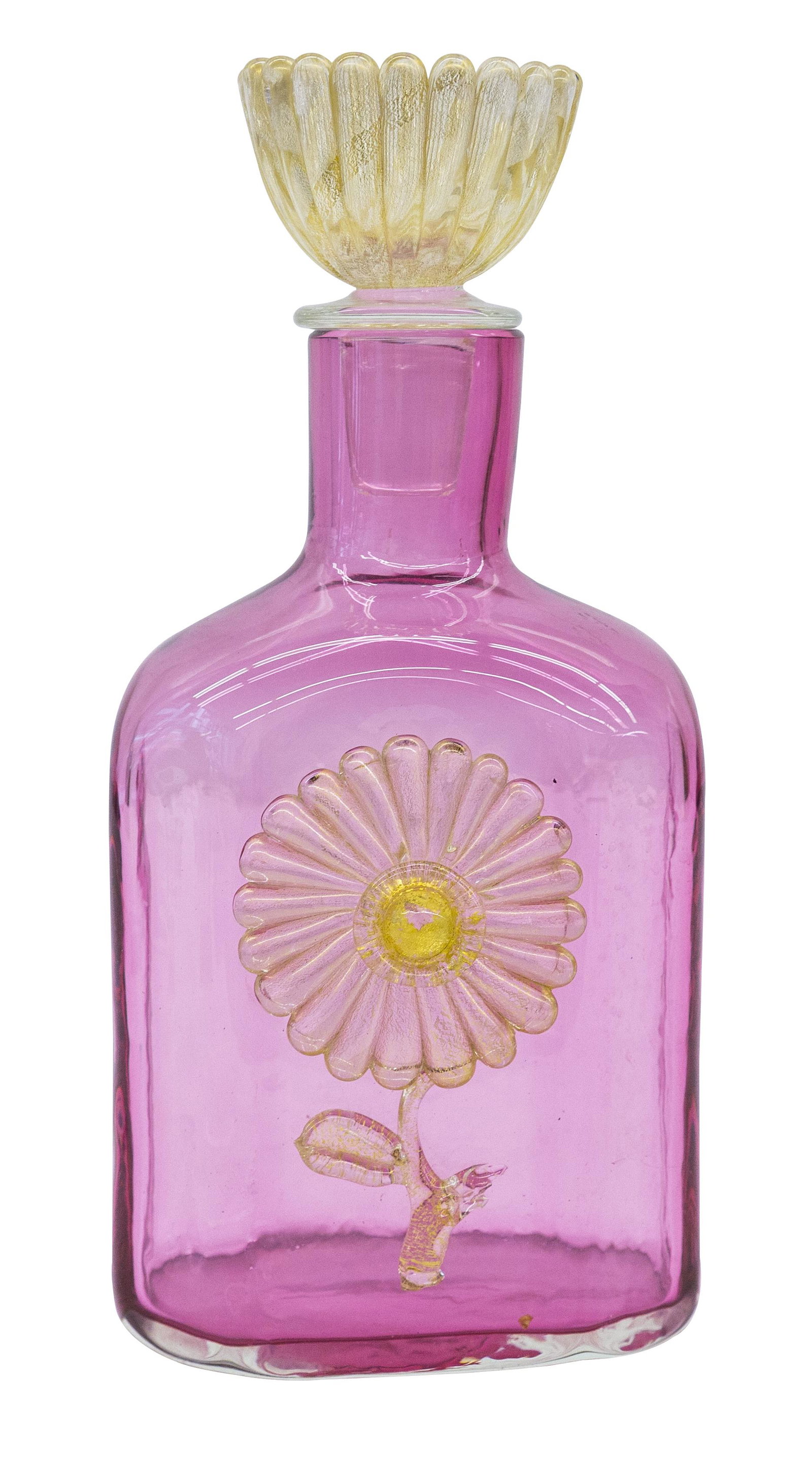 Ercole Barovier Decanter: Decanter, Barovier & Toso, Italy, 1940's, glass, and glass with gold leaf. 5w x 3 3/4d x 10 3/4h