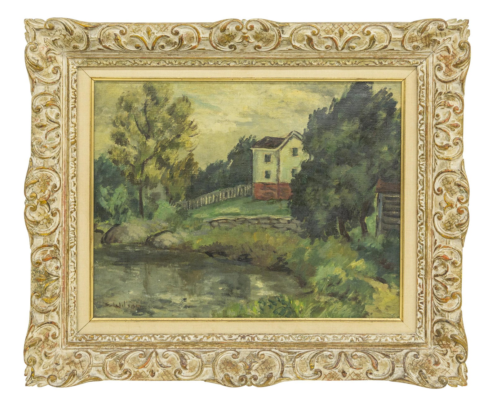 S. Wilson (19th-20th Century) Oil, Farm House with Pond: Oil on canvas, untitled, farm house with pond. Signed lower left. Housed in beautifully carved white washed frame. Sight- 16 1/4 x 20, Frame- 22 1/2 x 26 1/2
