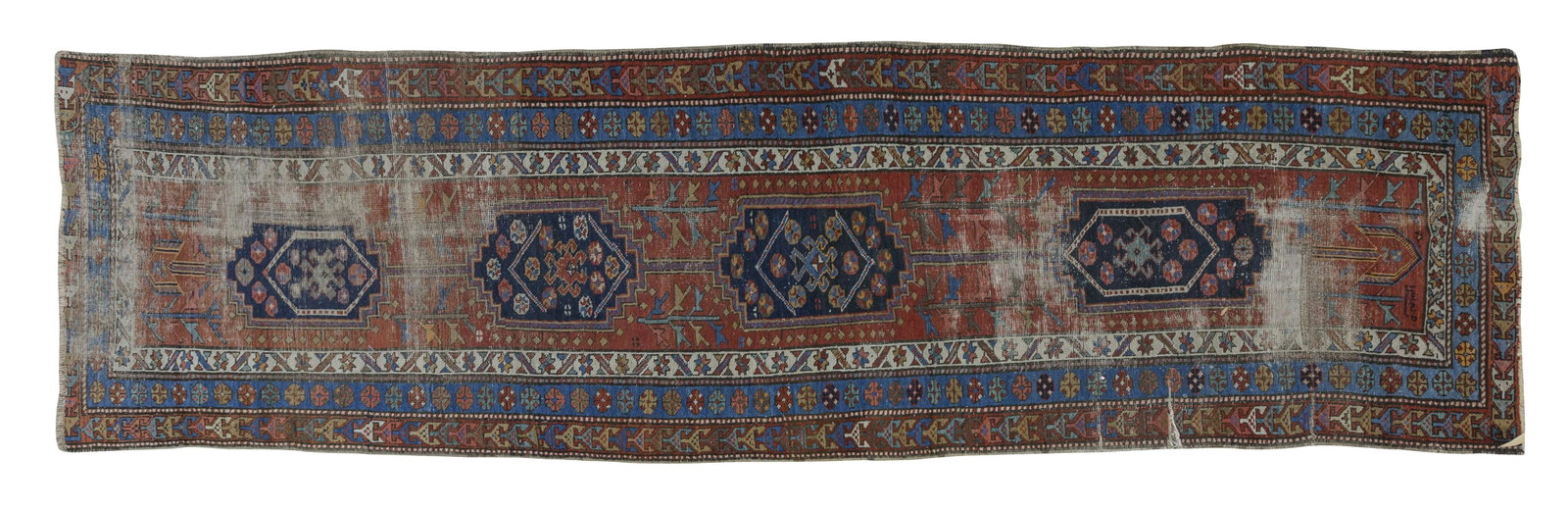 Oriental Kazak: All over design with blue, cream, red field. 3' 3" x 13' 6" Property of John A. Ruthven, Georgetown Ohio