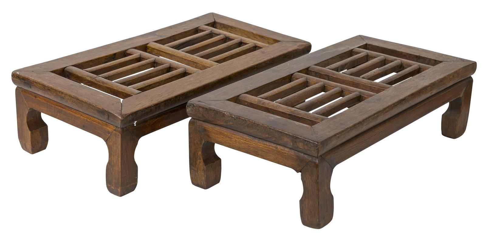19th Century Chinese Slatted Foot Rests: Rectangular form with slatted tops, circa 1860-1880. 23.5w x 11.5d x 6.75h