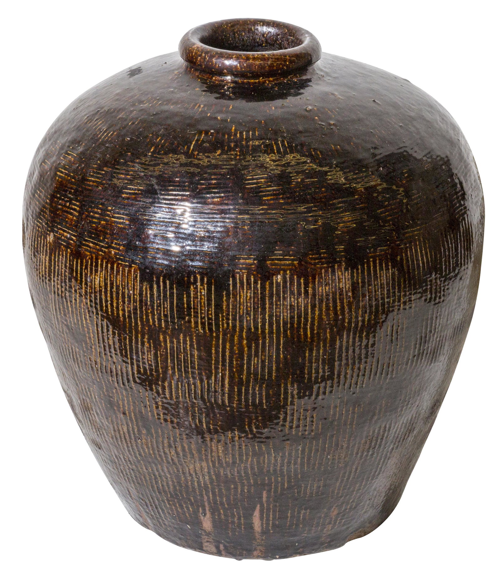 Outstanding Chinese Stoneware Storage Vessel: Large brown glazed wine or soy storage vessel with scored sides, circa 1900. 24dia x 28h