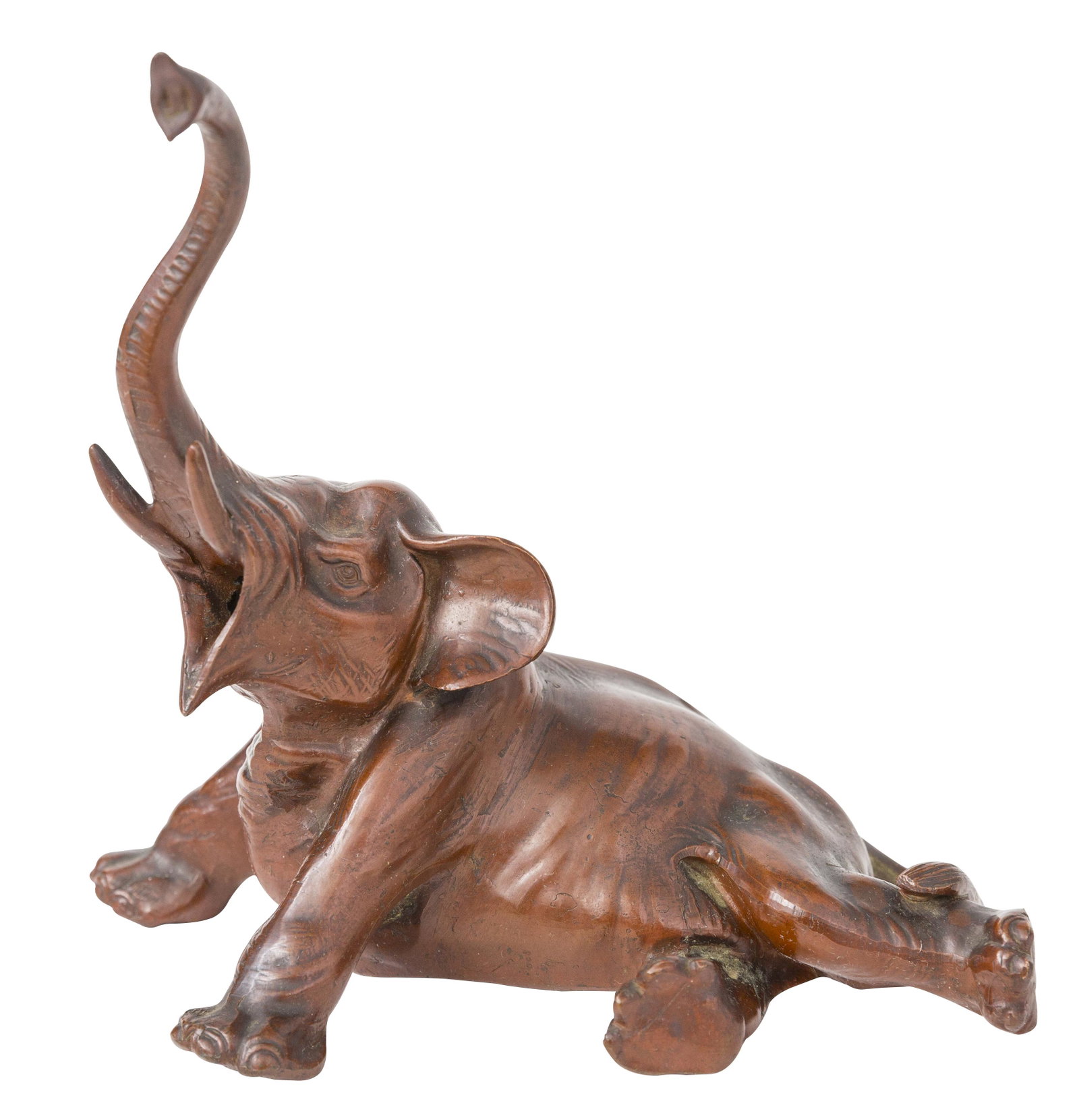Japanese Meiji Lying Elephant: Circa 1910, bronze elephant lying with trunk up. Stamped signature to underside. 7.25w x 4d x 7h