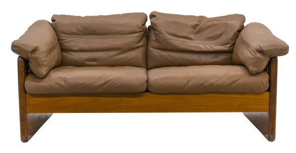 A. Mikael Laursen Settee: Sofa Mikael Laursen, Denmark, 1960's. Similar to Illum Wikkelso. Teak and original Cognac leather. Label under cushion. 60w x 30.5d x 28.75h. SH- 15.5