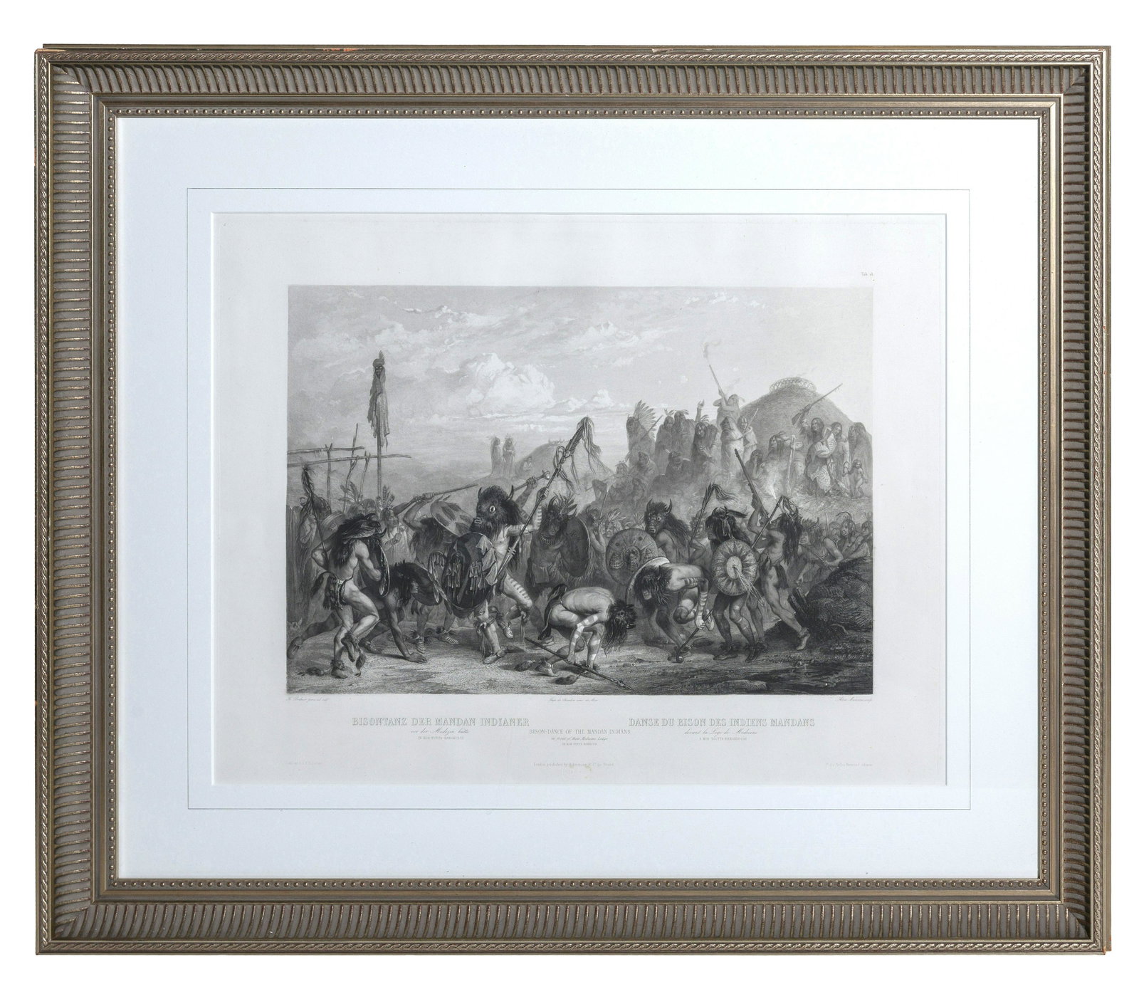 Karl Bodmer, Bison- Dance of the Mandan Indians: Interior of North America in the Years 1832-1834, Published by Akerman & Co., London, 1839-1843, plate 10 with Bodmer stamp. 17 x 22. Aquatint and engraving on woven paper. Engraved by Alex Manceau af
