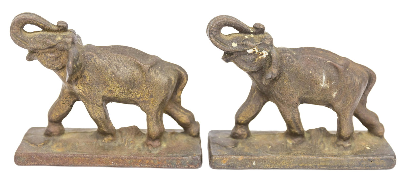 Steel Elephant Bookends: Trunks up on rectangular landscaped bases. 5w x 2d x 4h