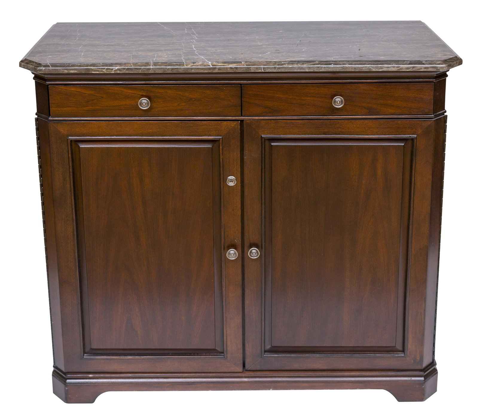 Marble Top Server/ Bar: Beveled marble top over two drawers over two doors. Interior has two drawers, built in wine rack and lazy Susan. 42w x 18.5d x 37.75h