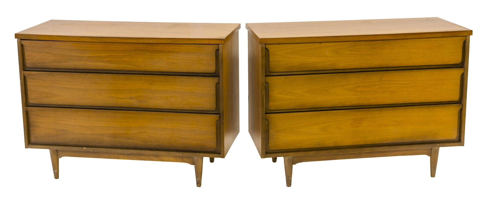 Mid Century Modern Dressers: Dressers, pair. USA, 1960. Three drawers. Scandinavian walnut. 44w x 18.25d x 32h