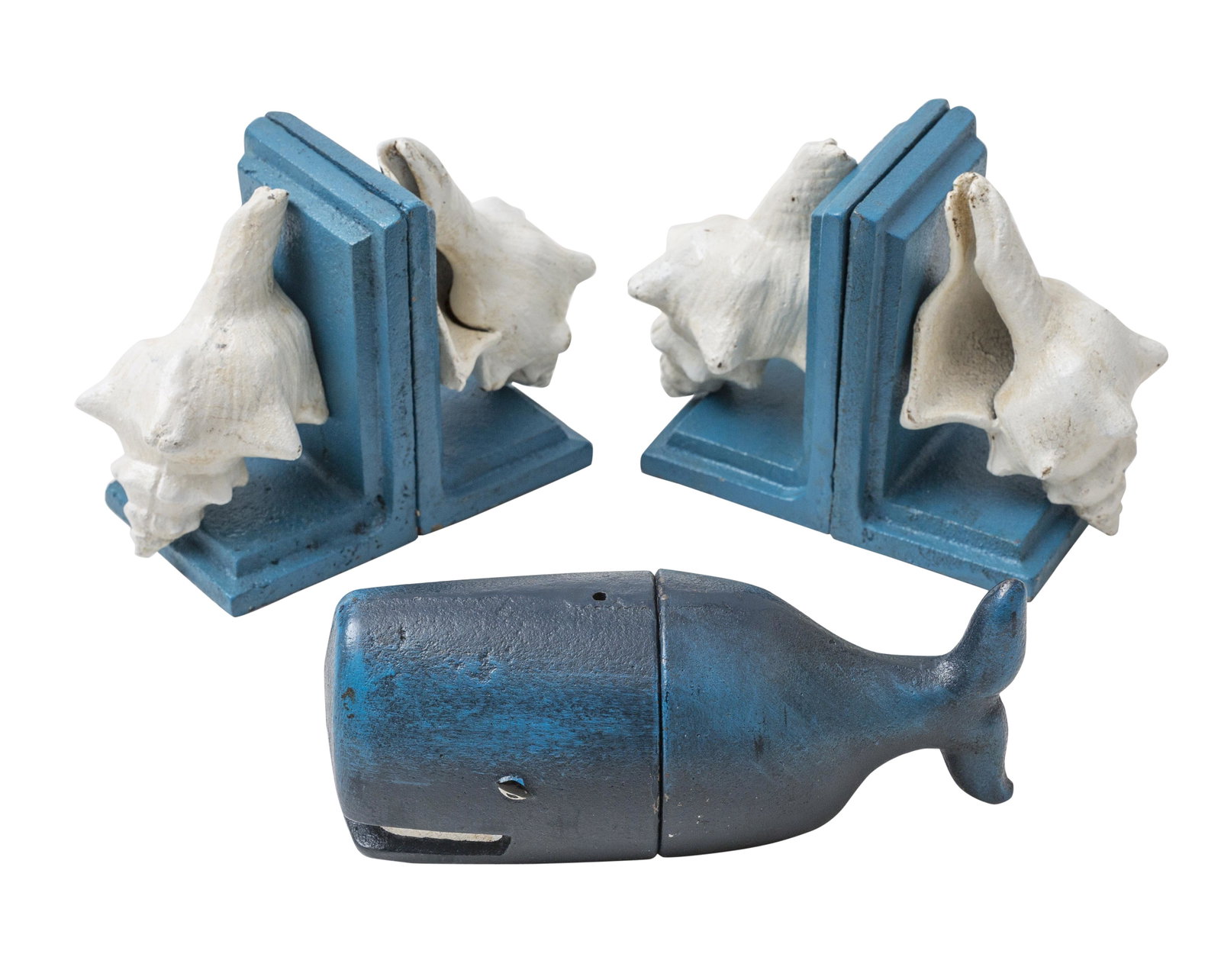 Cast Iron Whale & Shell Bookends: Three pairs, cold painted cast iron. Whale- 3.75w x 3d x 3.25h, Tail- 4.75w x 3d x 3.25h