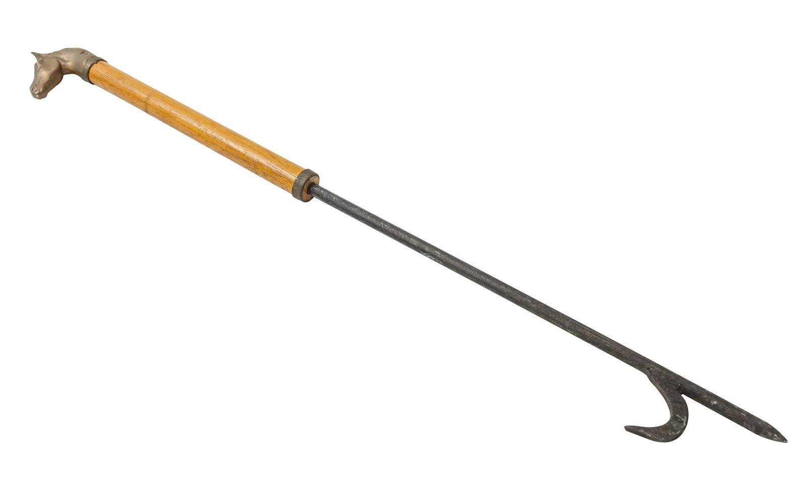 Vintage Horse Head Fireplace Poker: Brass horse head handle with oak shaft and iron poker. 1960's. Marked with a "B". 35" long.