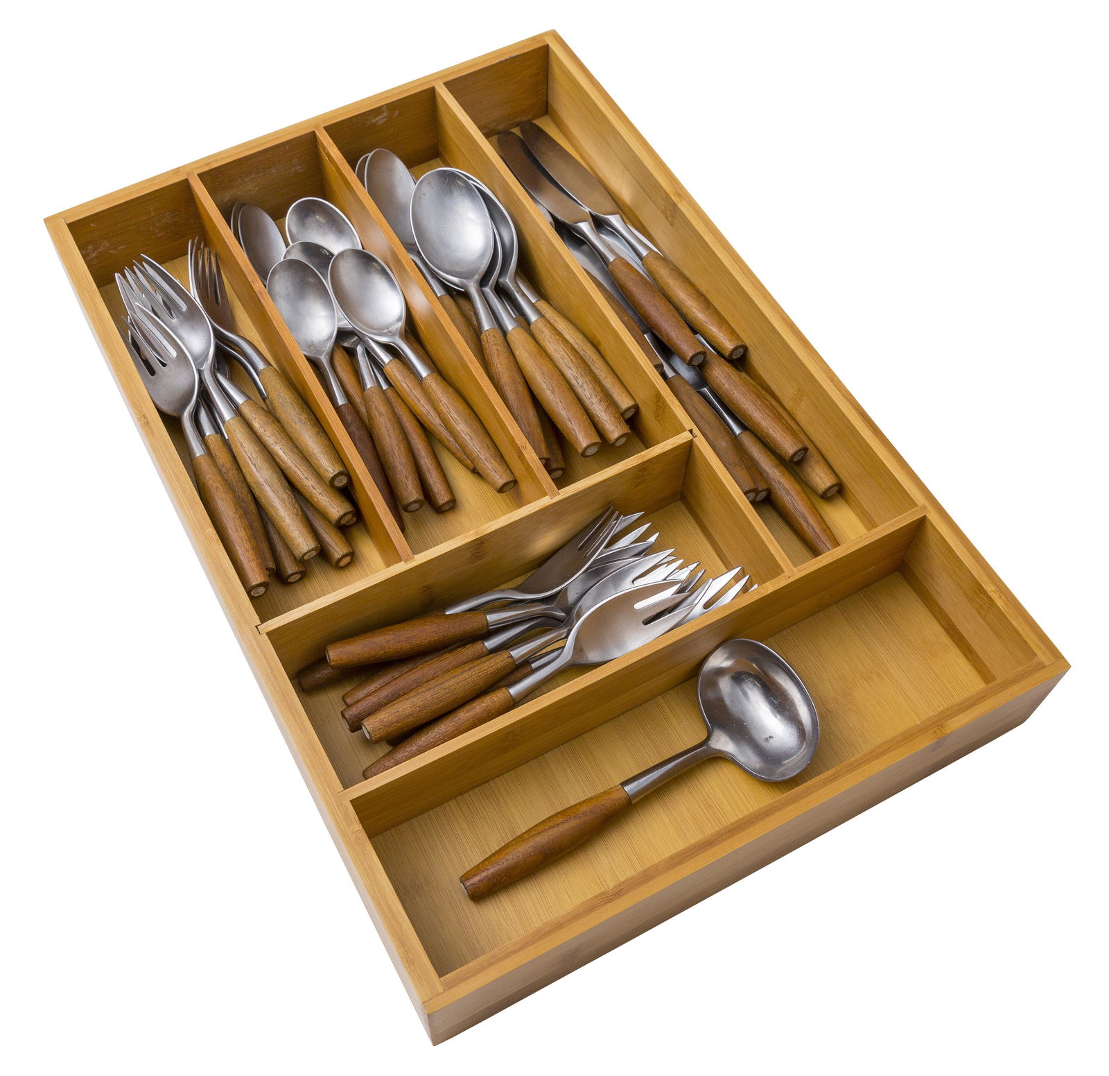 Jens Quistgaard Fjord Flatware: Dansk, Denmark/ Germany 1953, stainless and teak. Complete (5) piece place setting for (8), ladle and additional pieces. (46) pieces total. Impressed manufacture's mark to each element. "Dansk Design