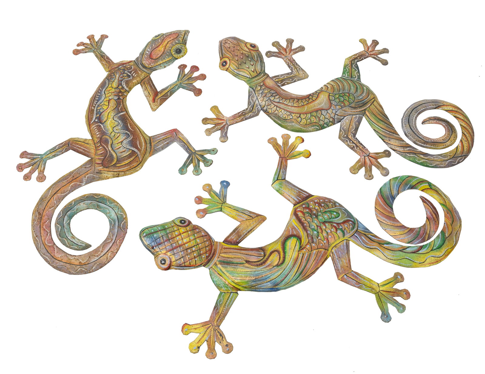 Gecko Enameled Metal Lizards Sculptures: Wall sculptures, set of (3). Signed Turks & Caicos to tail. 25.5w x 1.5d x 16h