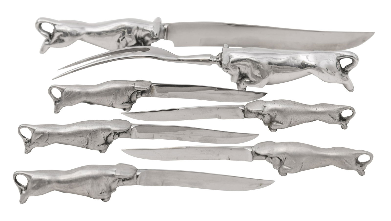 Bruce Fox Steak Knife Set: (2) piece carving set and (5) steal knives, bull handles. Stainless steel. Manufacture's marks to blade. Carving knife- 13.5" long