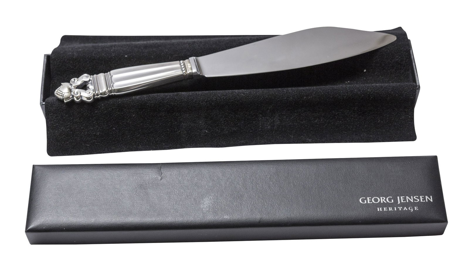 Johan Rohde "Acorn" Sterling Cake Knife: Georg Jensen, Denmark, "Heritage Collection" original box and black cheese cloth. 10" long. Sterling, stainless steel.