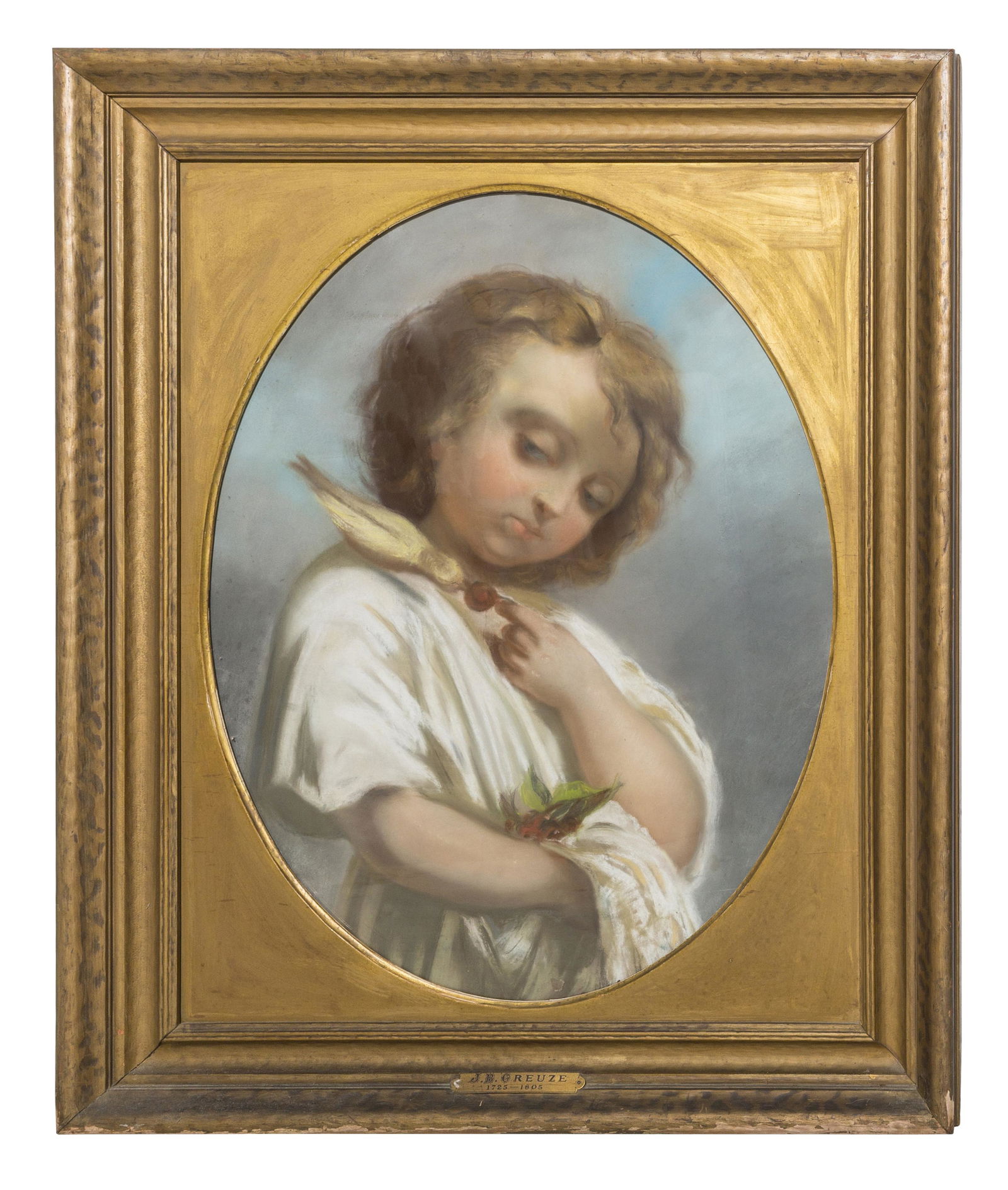 Jean-Baptiste Greuze (1725- 1805) Pastel (France): Pastel on paper of young girl wearing white cloak. Housed in fine molded oval frame with name plate. Sight- 24 x 18.5 Frame- 31.5 x 26