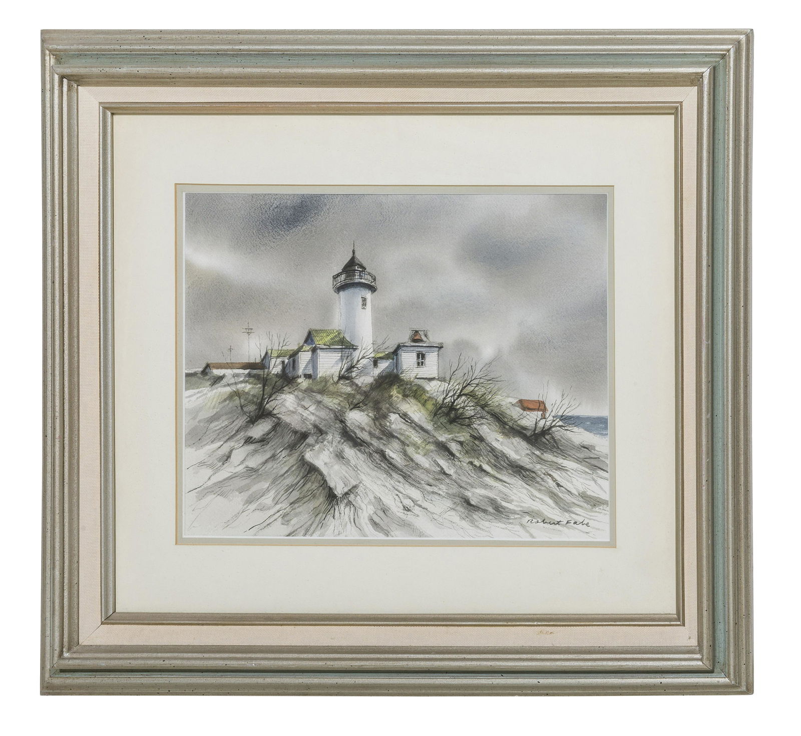Robert Fabe (1917-2004) Watercolor (Cincinnati): Watercolor on paper, untitled, lighthouse. Signed lower right. Sight- 10.5 x 14.5 Frame- 20.5 x 24.5