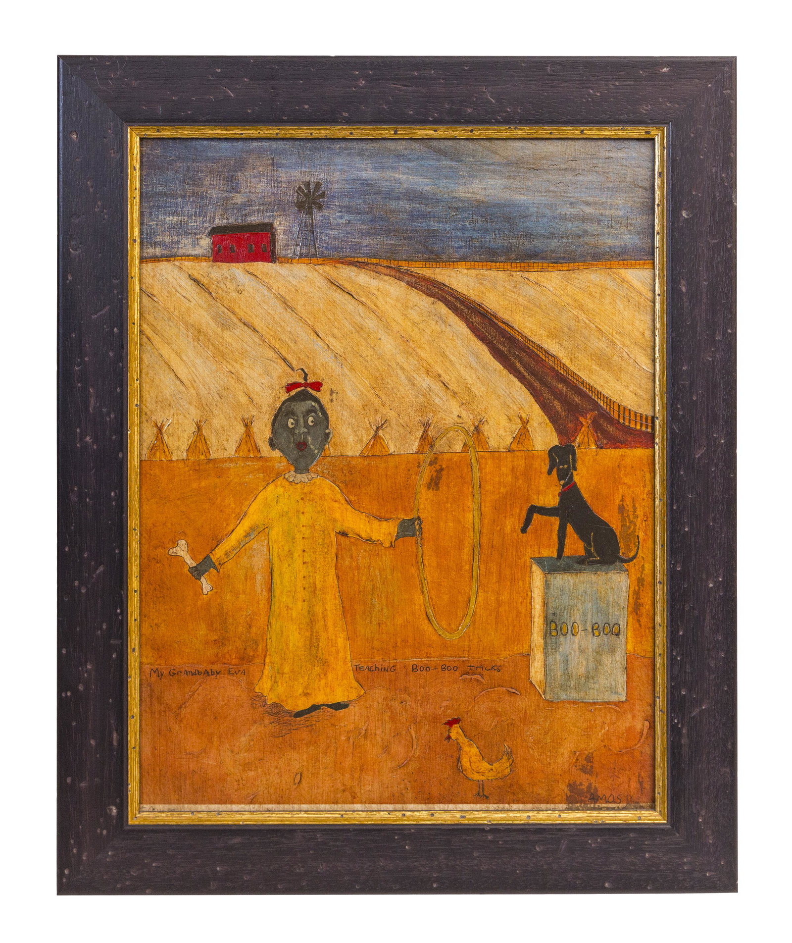 Lawrence Amos (Born 1944) Marker & Oil (USA): Marker and oil on paper board, "My Grandbaby Eva Teaching Boo-Boo Tricks" signed lower right. Sight- 16.5 x 12.75 Frame- 20 x 16.25