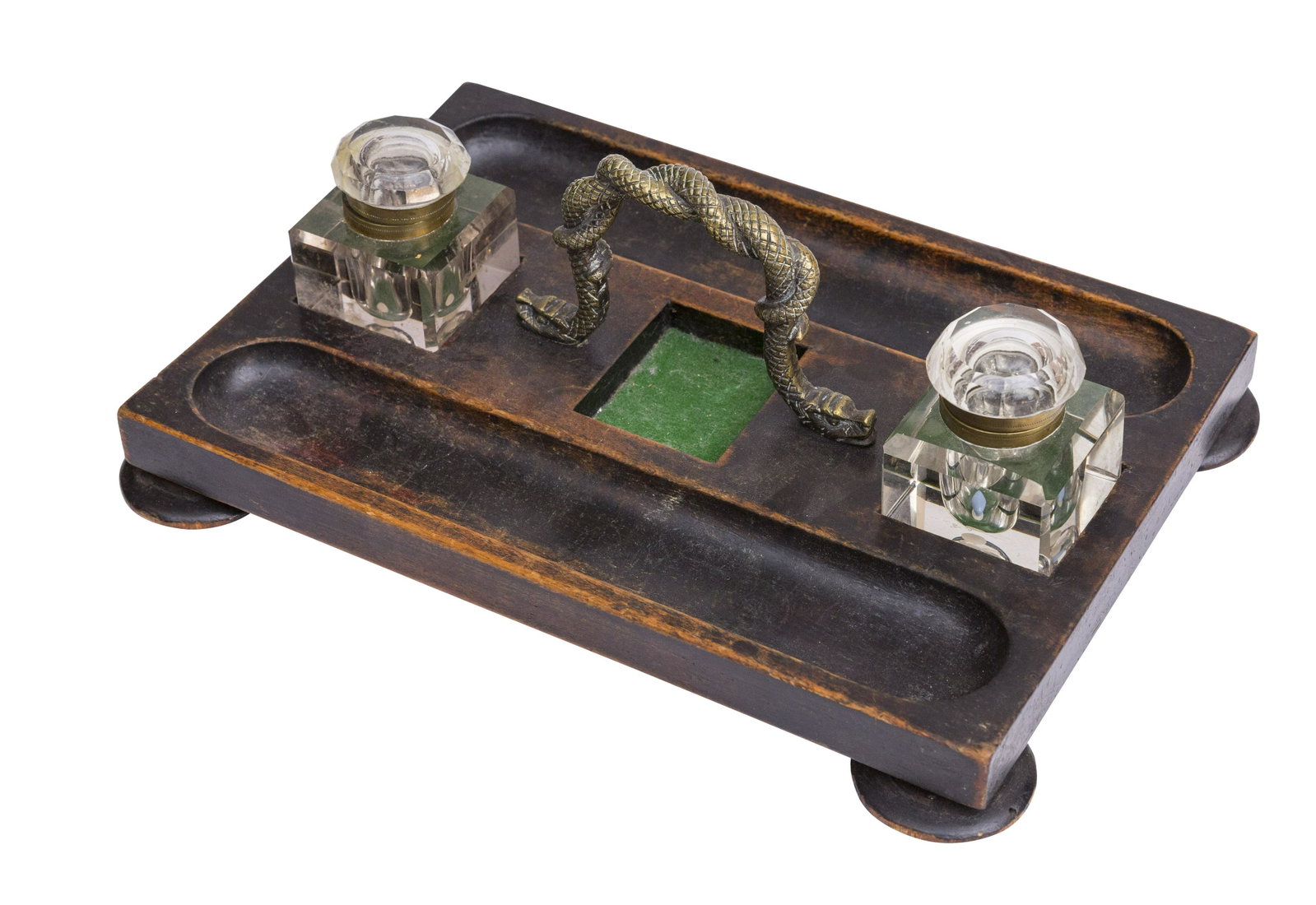 19th Century Partners Inkwell: Pen holder to each side, with brass braided center handle. Inkwell rests on turned feet. 12.5w x 8.75d x 5h