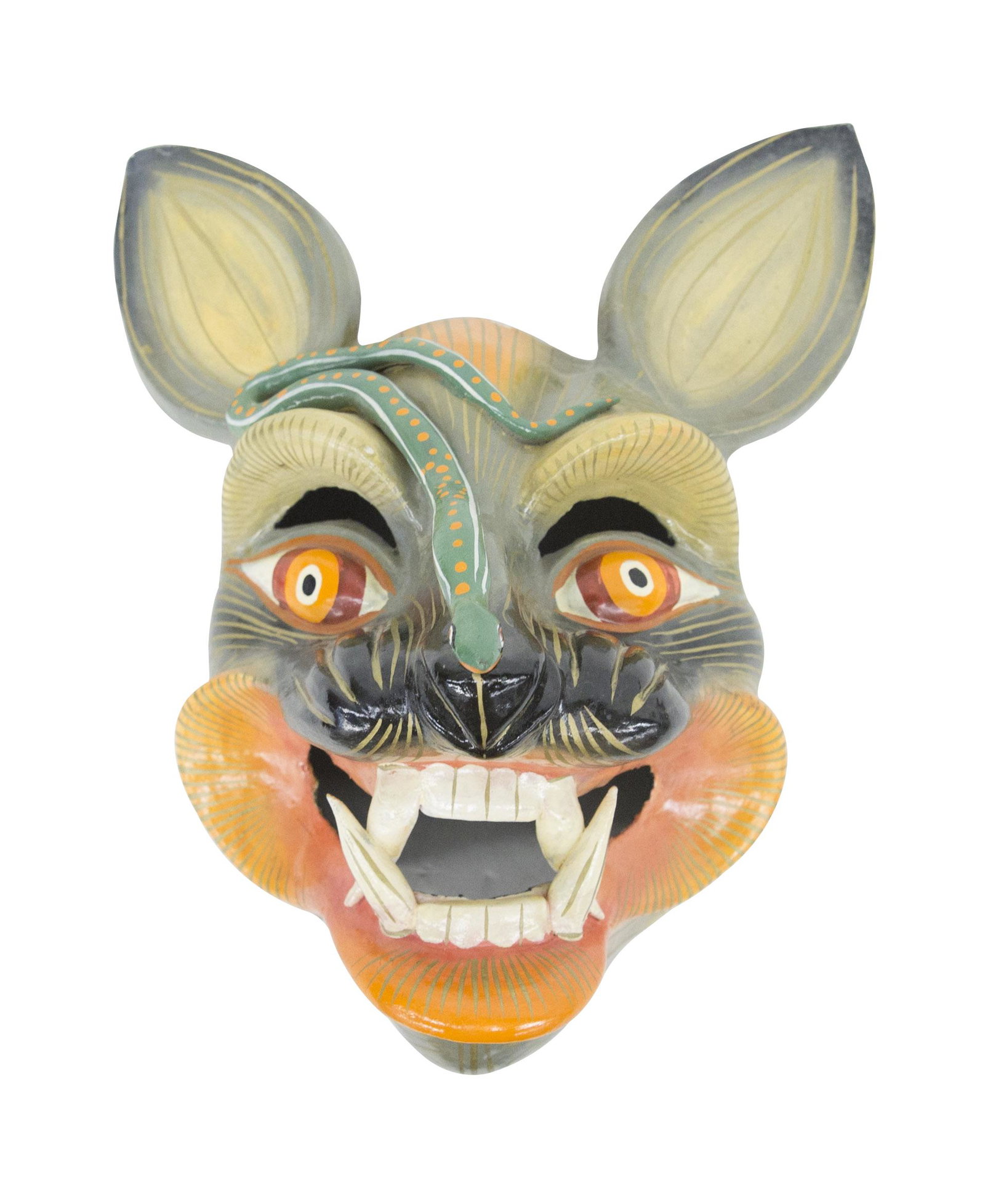 Peru Carnival Mask: Heavy papier mache’, paint, 6.75w x 9.5h x 8d.