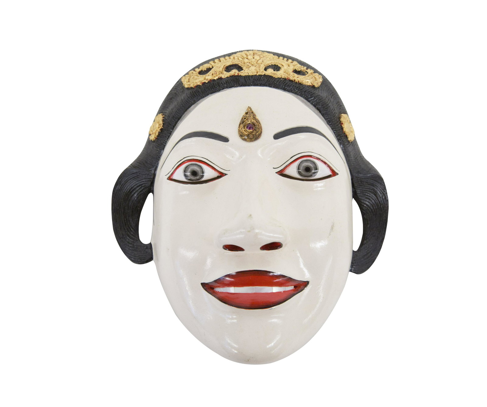 Bali Princess Mask: Carved wood, paint, and applied decoration 7w x 7.5h x 4d.