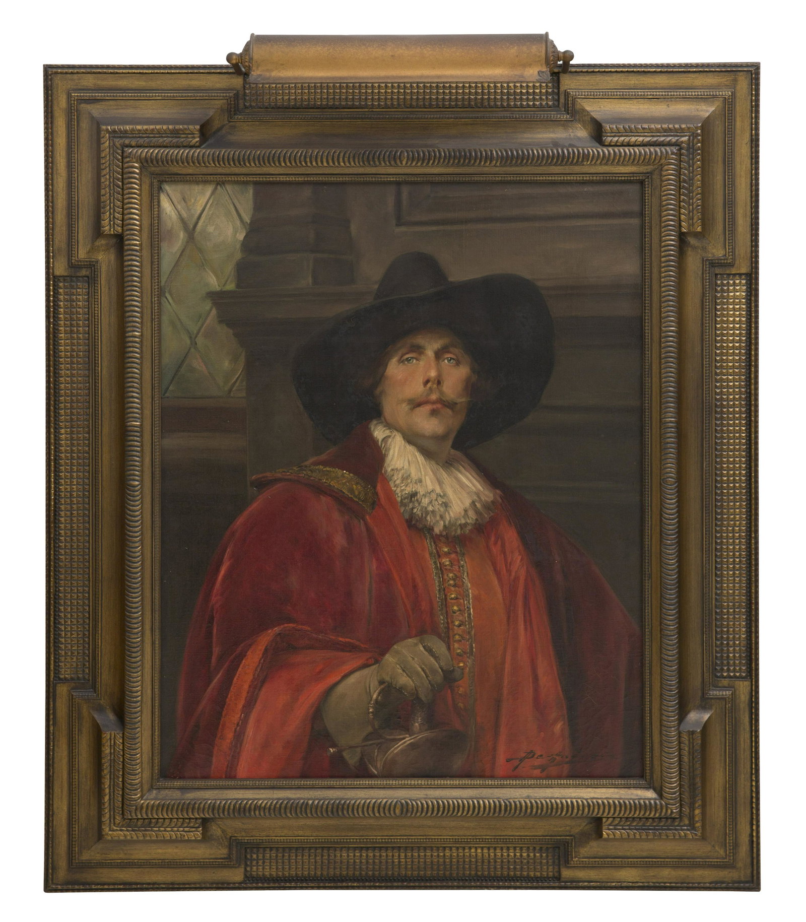 Alex De Andreis(1880-1929) Oil (France, Belgium, UK): Oil on canvas," Half Length Portrait of Cavalier" Signed lower right Housed in Fine molded wood frame. Sight 33.5 x 26, Frame 44.25 x 33.