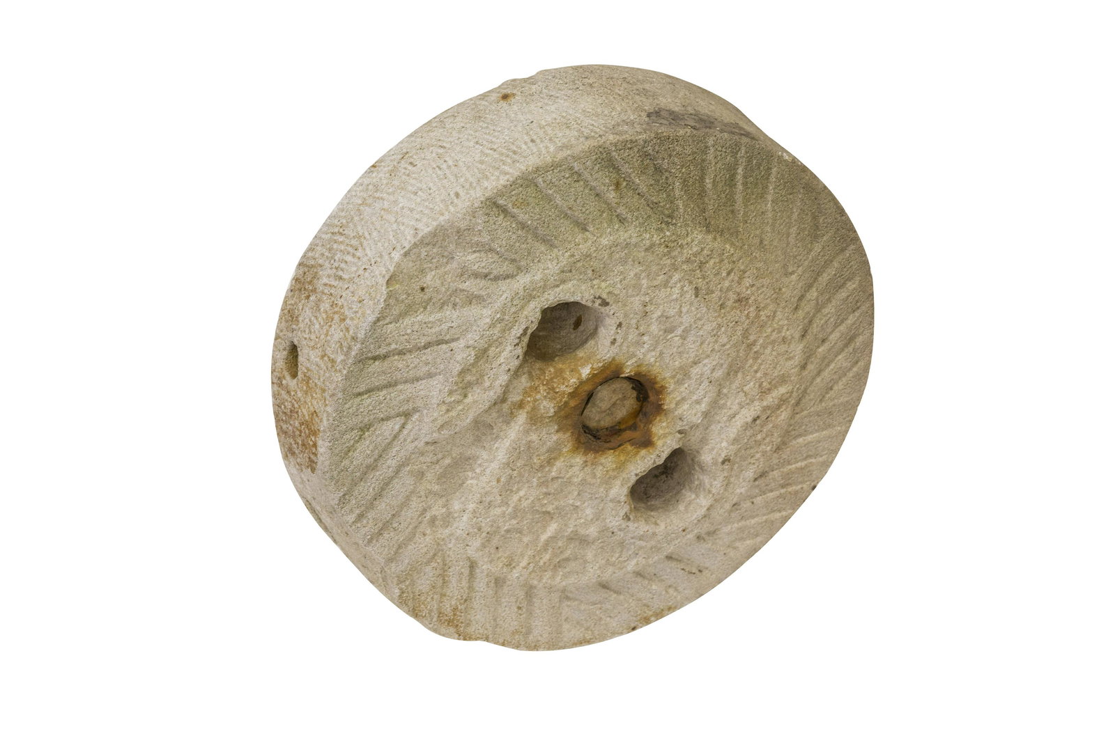 19th Century Chinese Millstone: Impressed and carved limestone. 24dia x 6.5d.