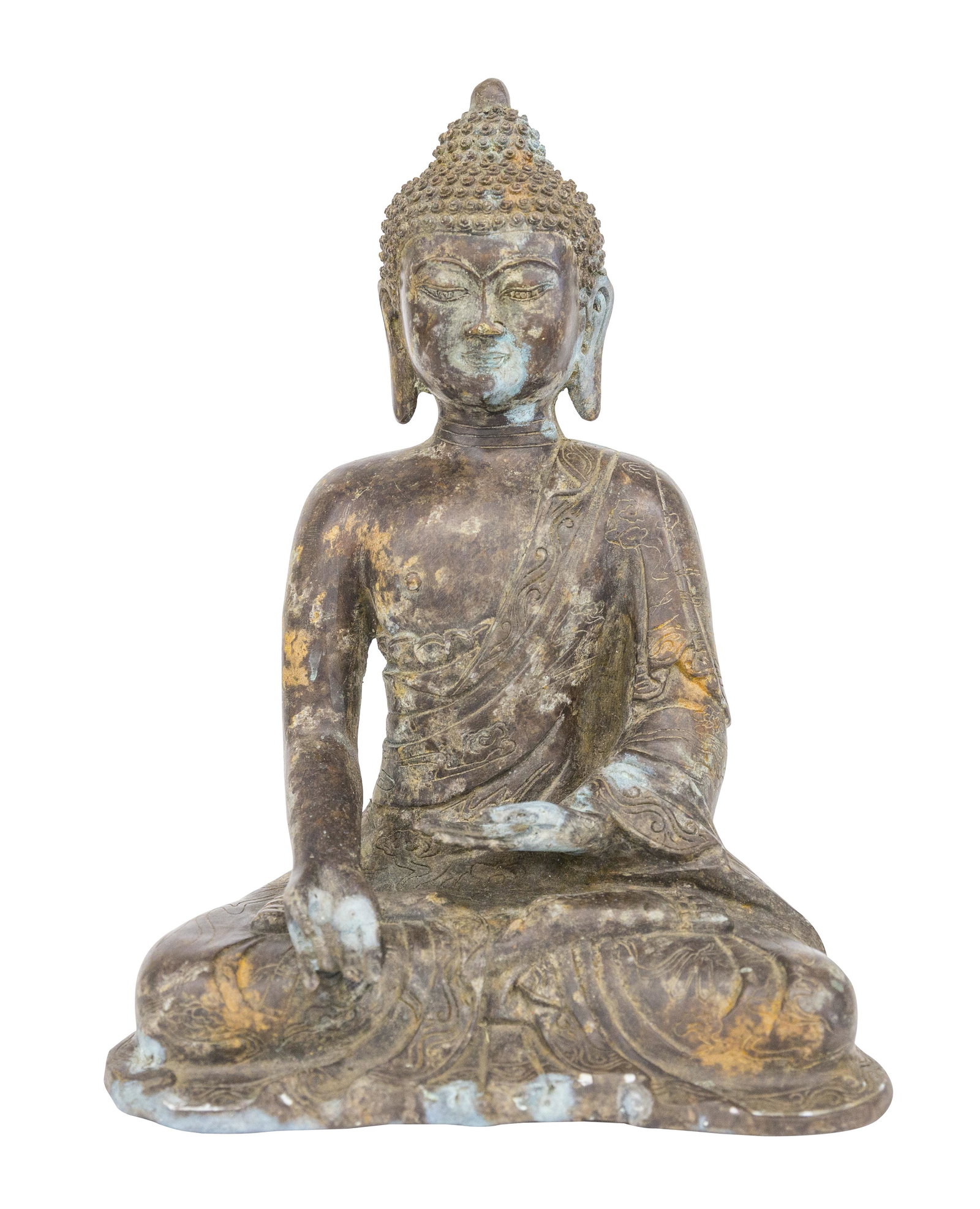 Chinese Bronze Seated Buddha: Bronze seated Buddha with open hands and wearing garment. Traces of gilt. 9.5w x 6.5d x 12.5h