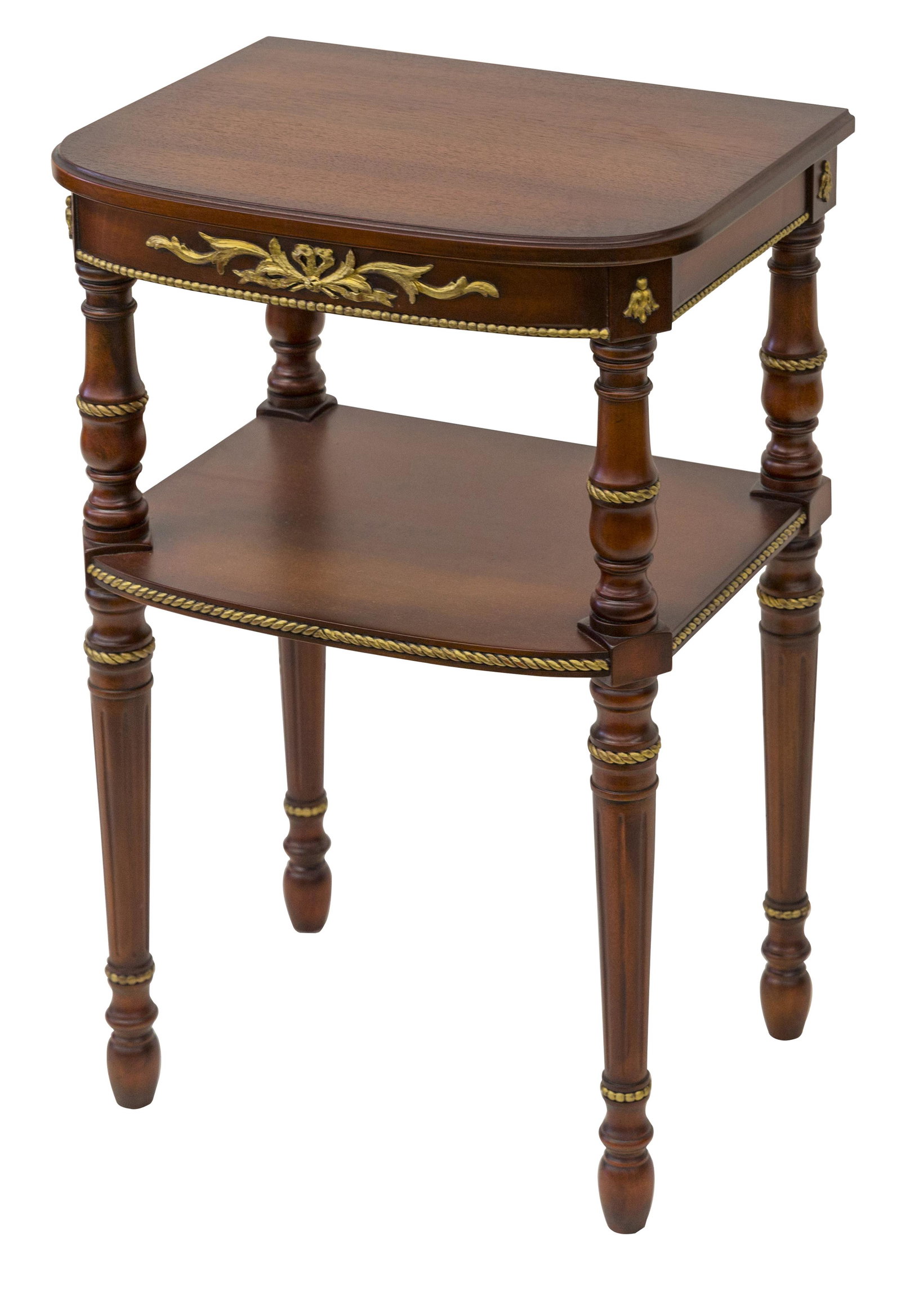 Kindell Mahogany Two Tier Nightstand: Fluted and turned legs with gilded mounts and ormolu's. 18w x 13.25d x 28.5h.