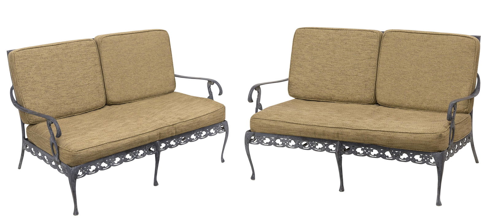 Woodard Cast Aluminum Settees: Settees, pair. Woodard, USA, 1960's. Scrolled arms, cabriole legs and foliate trim. Cast aluminum and upholstery. 50w x 31d x 30.5h SH- 16.