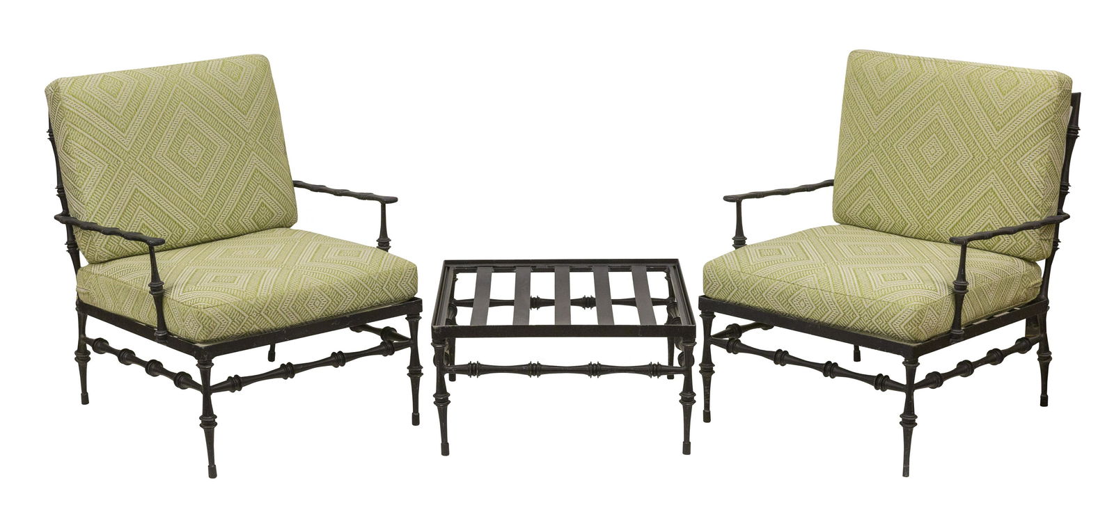 Phyllis Morris Lounge Chairs & Ottoman: Lounge chairs, pair, ottoman, Phyllis Morris Inc, USA, 1970's. Cast aluminum original Phyllis Morris indoor/ outdoor upholstered cushions. 25.5w x 26.25d x 29.75h SH- 16.