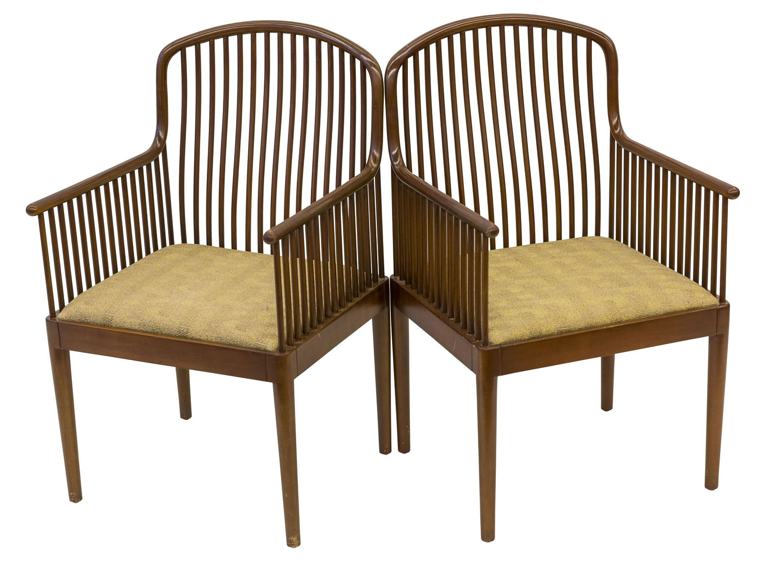 Davis Allen Exeter Arm Chairs: Spidle back arm chairs, Knoll, USA, 1983. Oak with silk upholstery. Manufacture's label to underside. 21.75w x 24d x 32h SH- 18.5 Arm Height-25.5