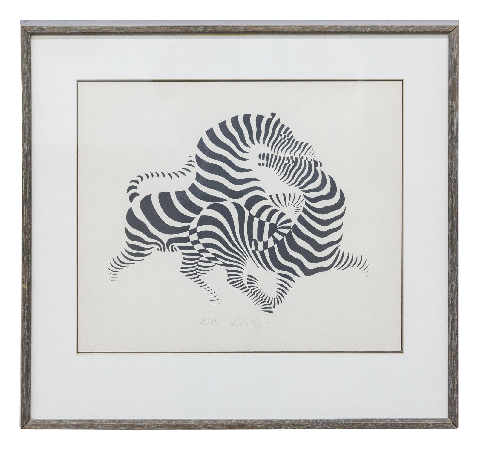 Victor Vasarely (1906-1997) Silkscreen (France,: Silkscreen in colors on strong paper, "Zebra Couple" signed in pencil and numbered 13/120. Image size- 14.5 x 16.75, frame- 21.25 x 22.5