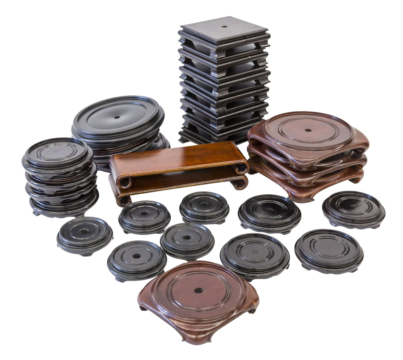 Assembled Chinese Teak and Hardwood Stands: Round and rectangular stands. Various sizes, rosewood stands 8.25dia x 1.5h