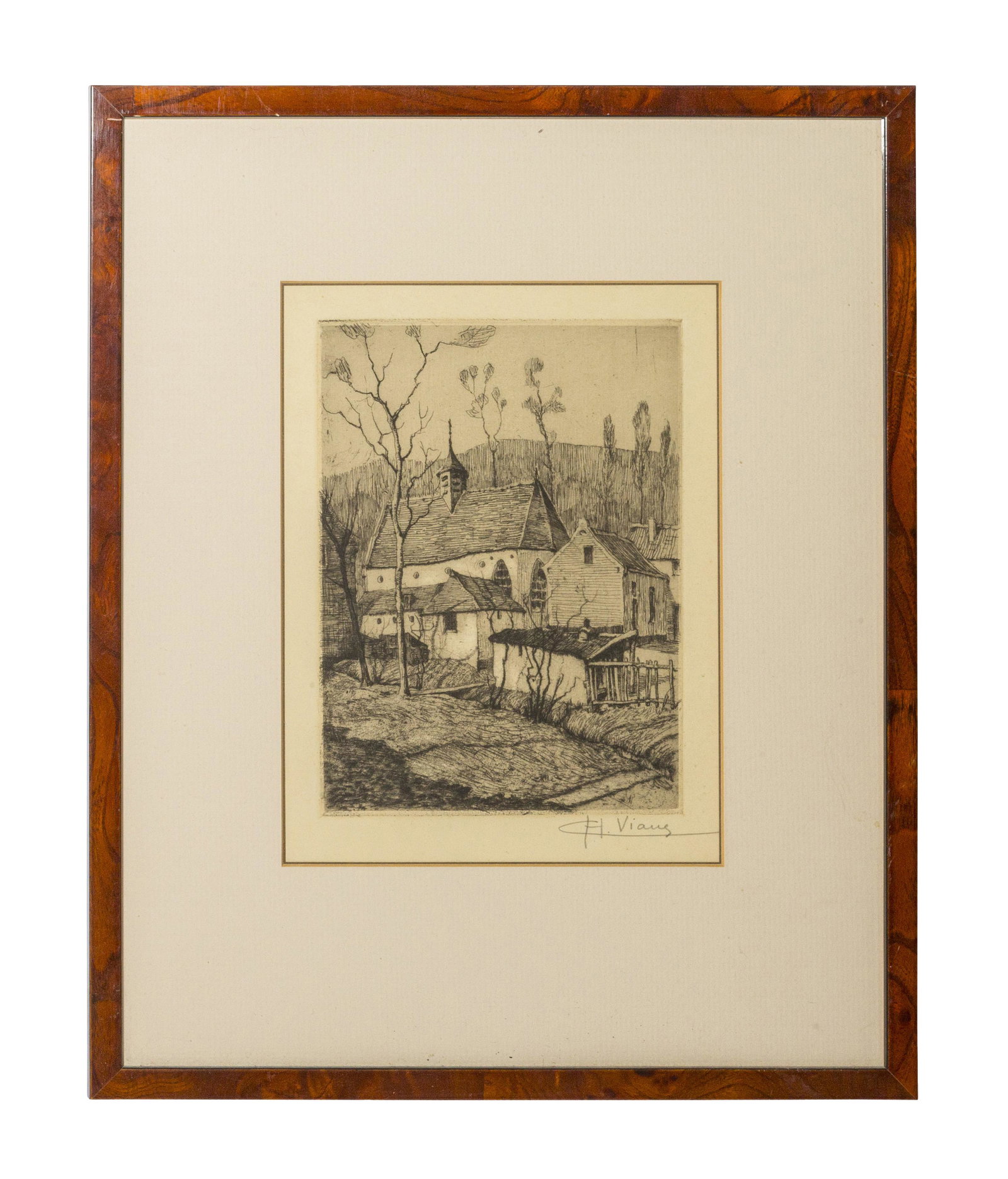 Charles Viane (1876-1939) Engraving (Belgium): Engraving on paper, "Chapelle de Stoille" dated 1925. Signed in pencil lower right. Image size- 9.25 x 7.25, frame- 16.5 x 13.75