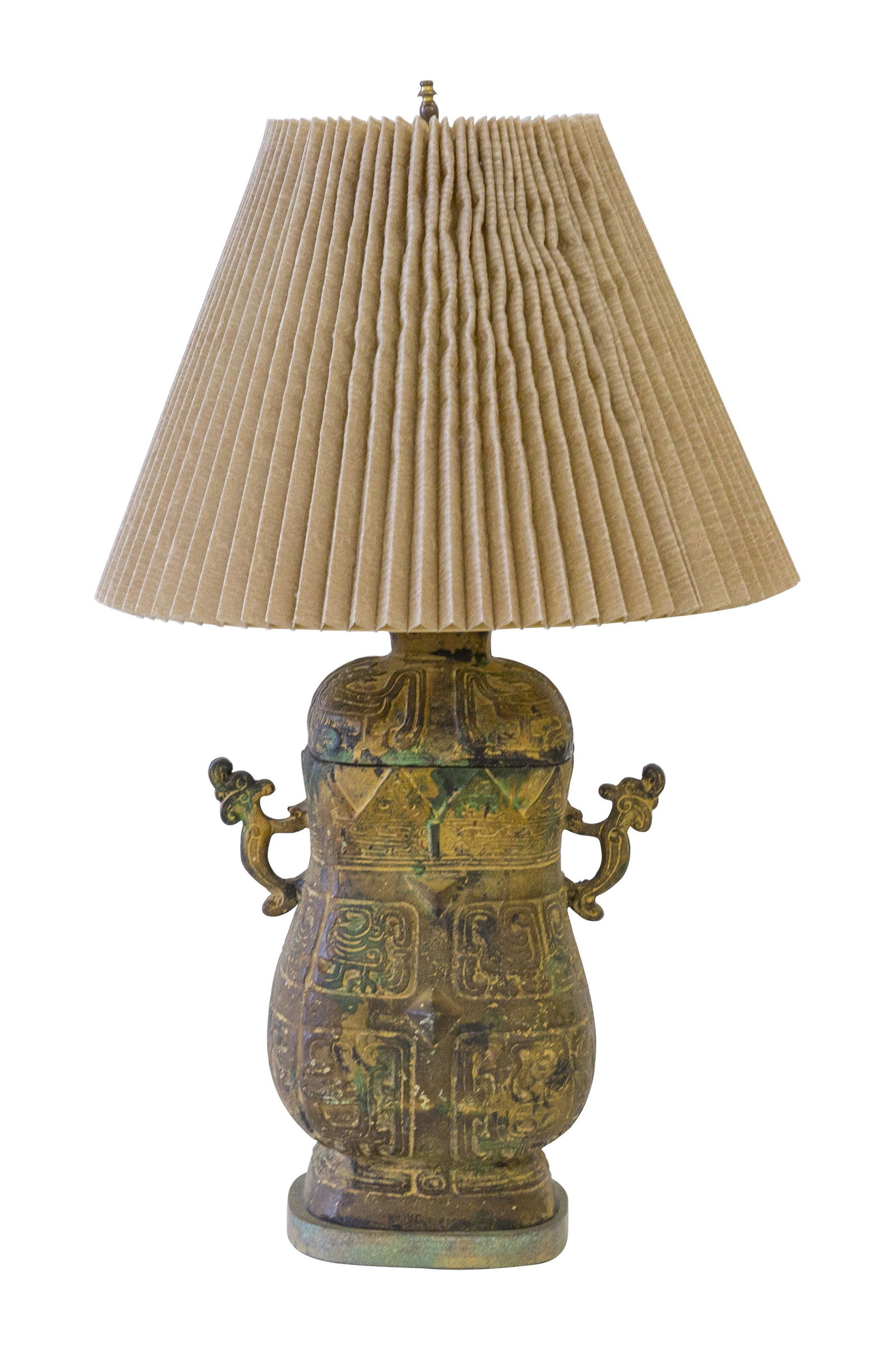 Bronze Frederick Cooper Table Lamp: Table lamp, Frederick cooper, USA. Patinated bronze. Ribbed paper shade. 15dia x 26h