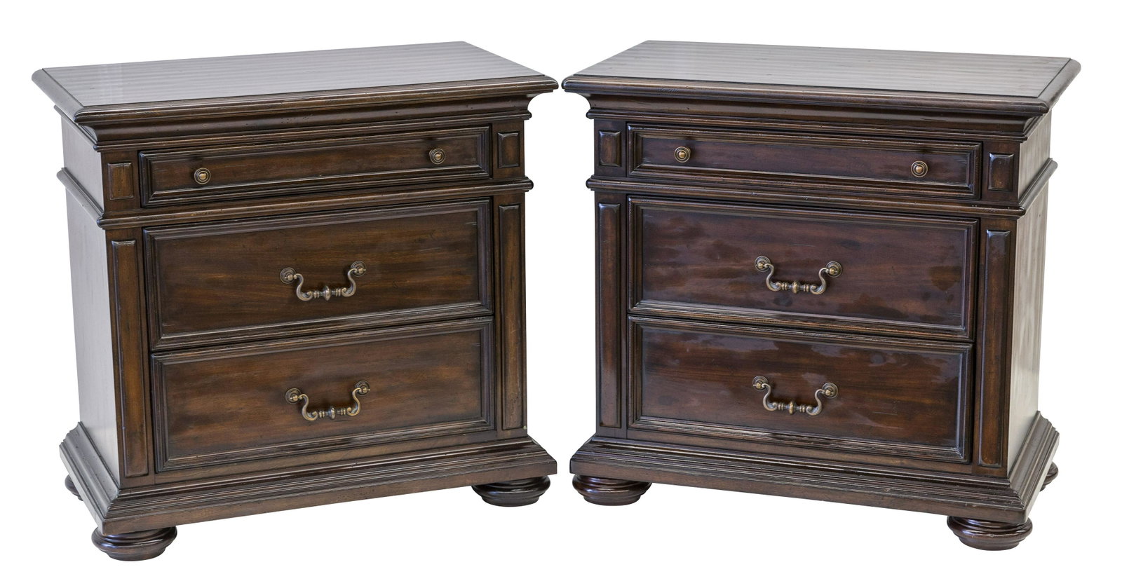 Lexington Furniture Neoclassical Nightstands: Nightstands, Lexington Furniture. Three drawers, turned patinated metal pulls. Manufacture's label to drawer. Dark chocolate finish. 35w x 19d x 33.5h