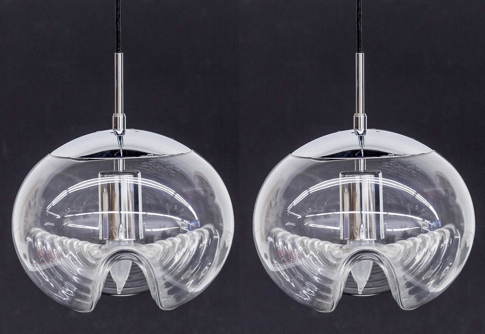 Peill & Putzler Pendant Lamp: Pendant lamp, Koch & Lowy for Peill and Putzler, Germany, 1960. Hand blown transparent glass, chrome plated metal. 8.75dia x 24.5h (with cord)