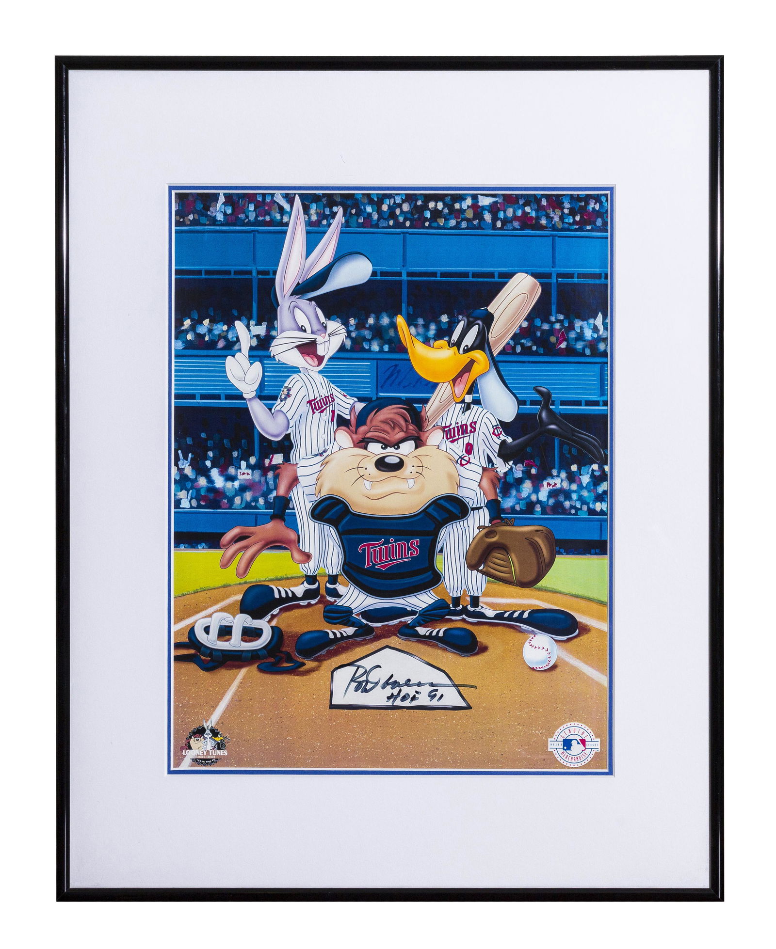 Rod Carew Signed Warner Bros. Themed Lithograph: A Warner Bros./Minnesota Twins themed lithograph. This lithograph entitled "At The Plate" has been signed in blue sharpie by Rod Carew. Is presented framed (image 11.5" x 15"; image 17.75"x 22") with