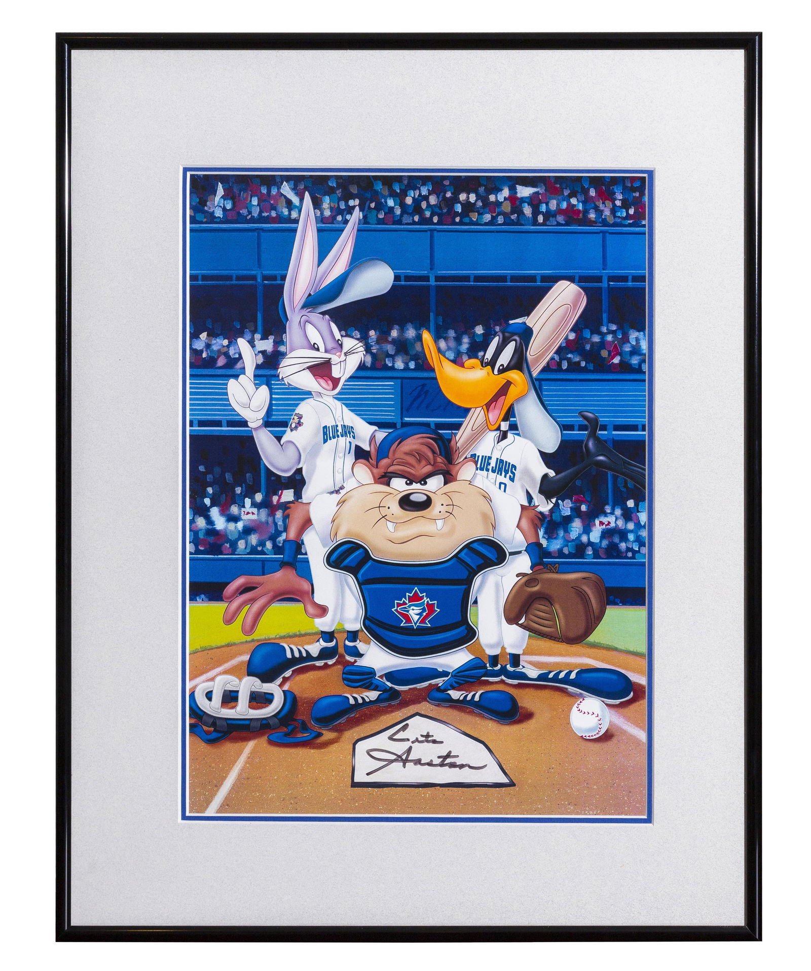 Cito Gaston Signed Warner Bros. Themed Lithograph: A Warner Bros./Toronto Blue Jays themed lithograph. This lithograph entitled "At The Plate" has been signed in blue sharpie by Manager Cito Gaston. Is presented framed (image 10.5" x 14"; image 16.25"