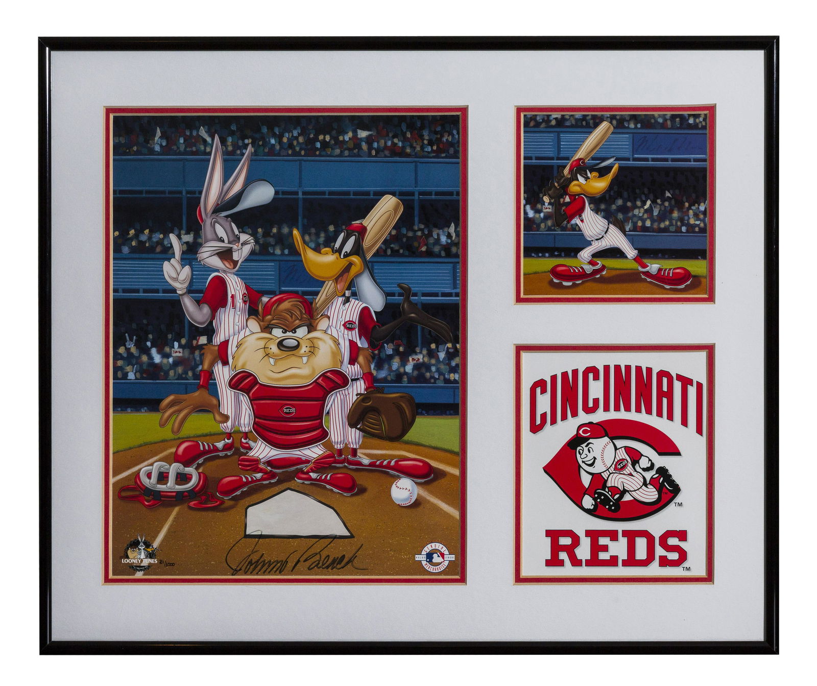 Johnny Bench Signed Warner Bros. Themed Lithograph: A Warner Bros./Cincinnati Reds themed limited edition (#21/1,000) lithograph. This lithograph is signed in blue sharpie by Johnny Bench. Is presented framed (16" x 20") with Classic Moments COA. (Warn