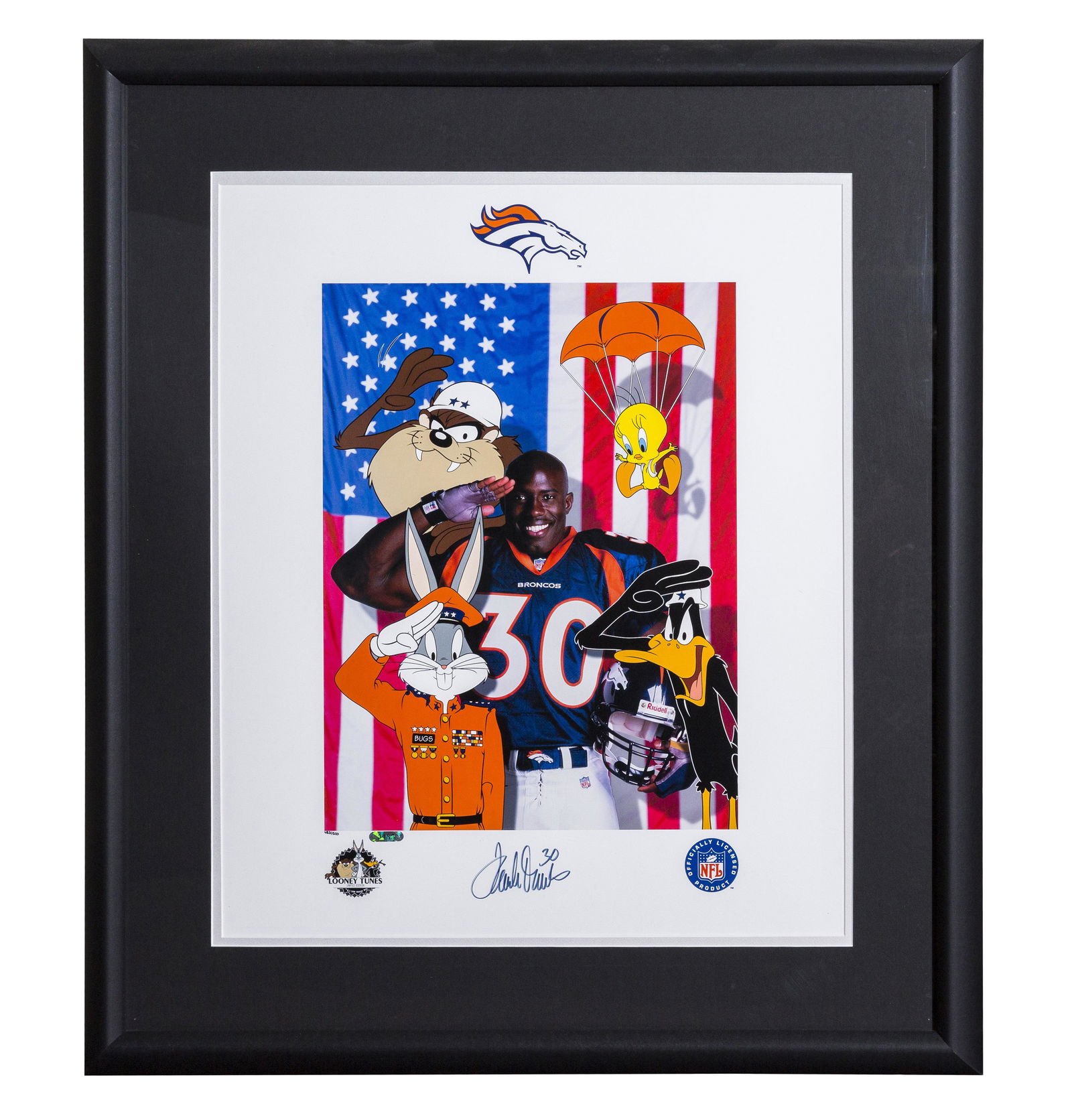 Terrell Davis Signed Warner Bros. Themed: A Warner Bros./Denver Broncos limited edition photo-animation lithograph entitled "TD Salute." This lithograph has been signed in blue sharpie by Terrrell Davis. Is presented framed (image 18" x 21.5"