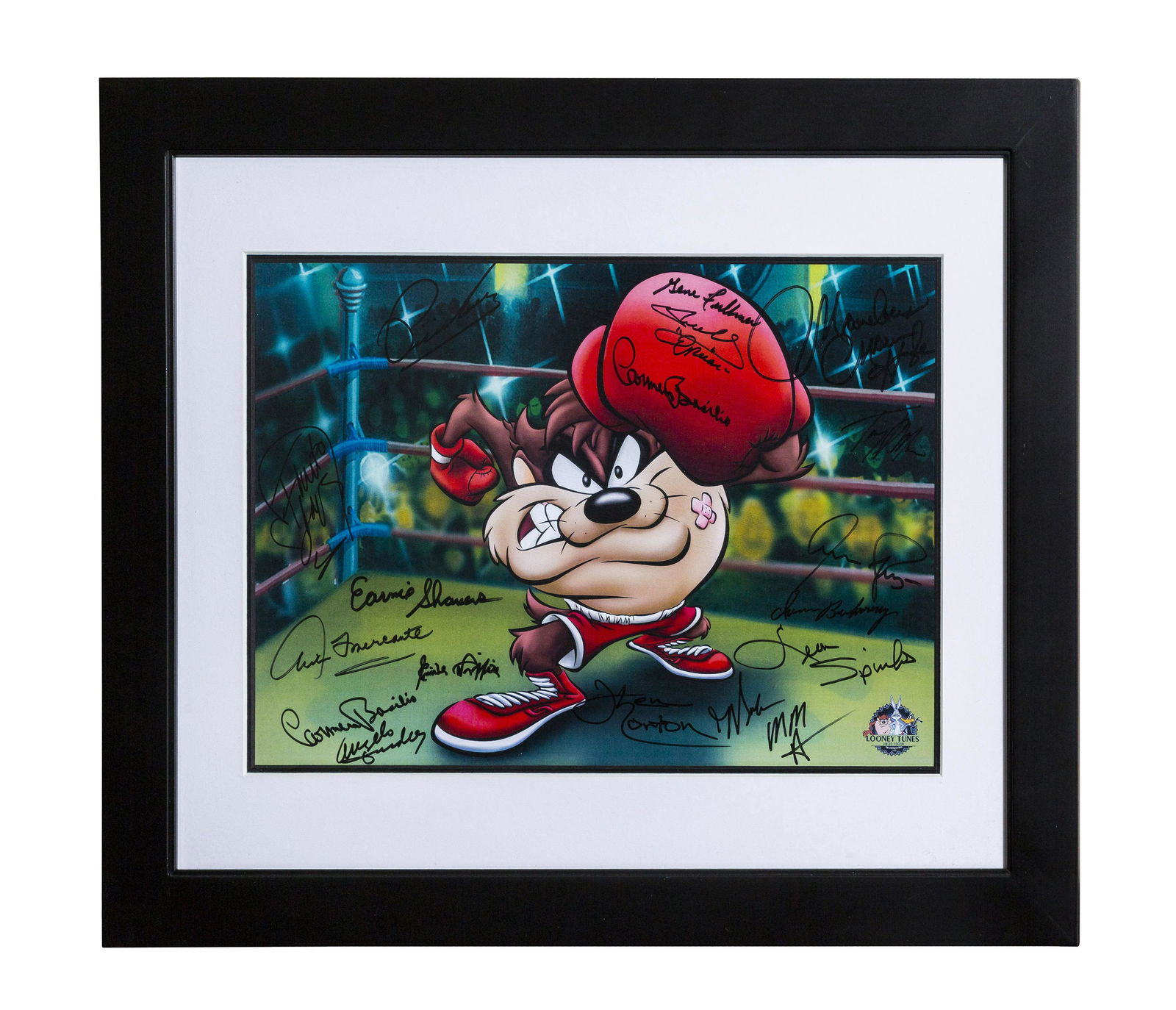 Boxing Greats - Signed Warner Bros. Taz Themed: A Warner Bros. boxing themed lithograph entitled "Knockout Taz." This lithograph is signed in black sharpie by boxing greats: Pipino Cuevas, Ricardo "Finito" Lopez, Ernie Shavers, Arthur Mercante, Emi