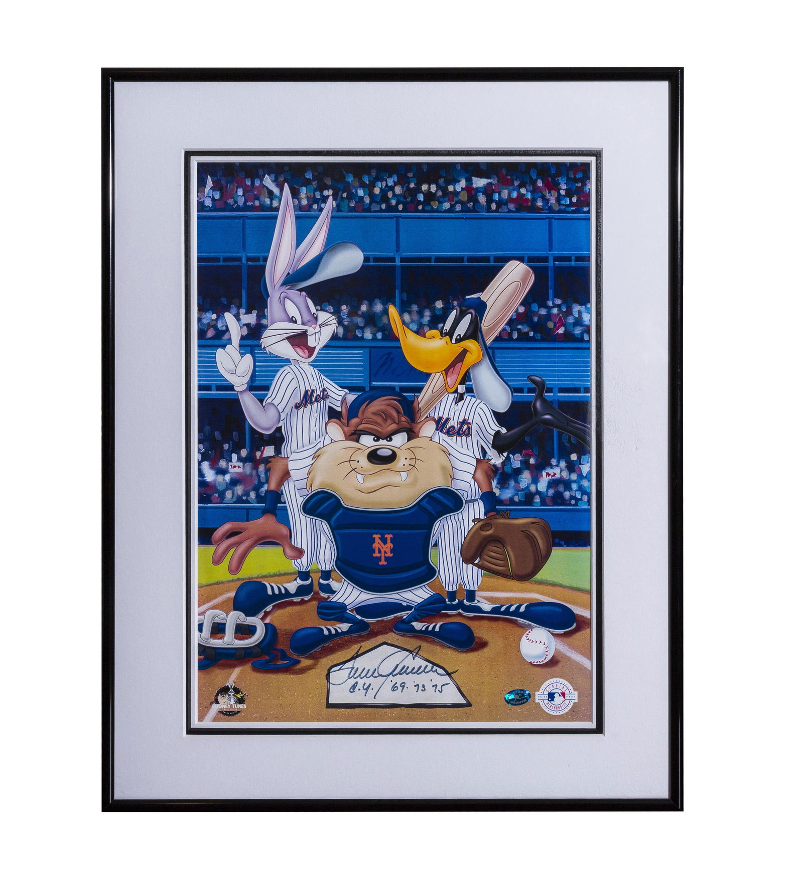 Tom Seaver Mets Signed Warner Bros Themed Lithograph: A Warner Bros./New York Mets themed lithograph entitled "At the Plate." This lithograph has been signed in blue sharpie by Tom Seaver with the inscription "Cy/'69, "73, "75." Is presented framed (imag